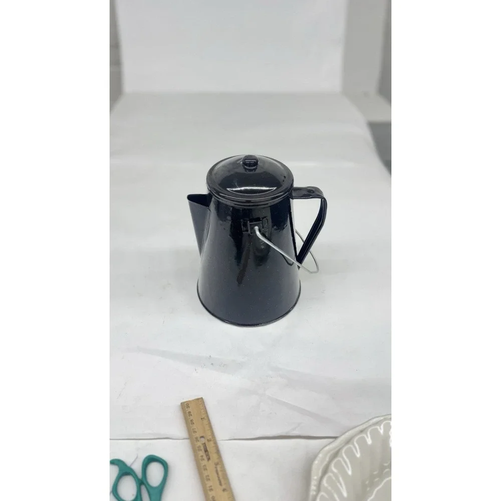 Vintage Black & White Speckled Enamelware Percolator Camping Cowboy Coffee Pot